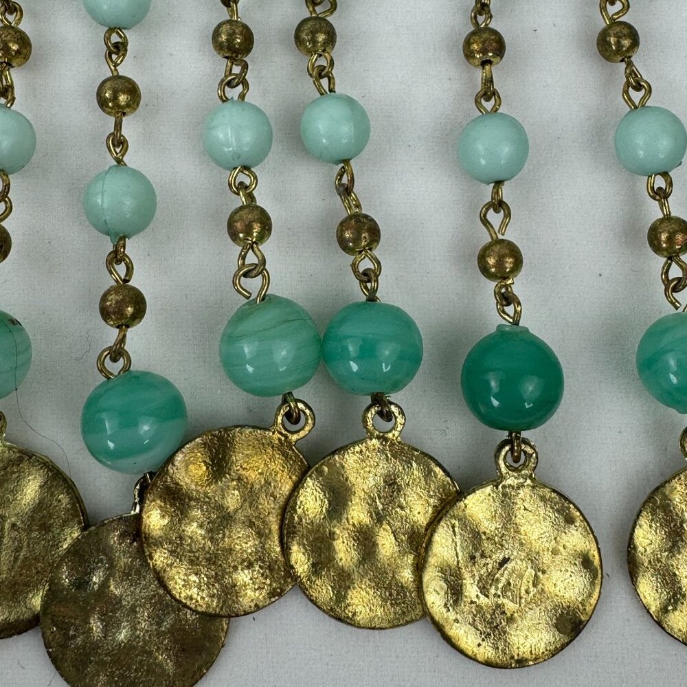 Vtg Multi-Strand Faux Jade Beaded Necklace 21" Brass Discs Art Deco Statement - Picture 3 of 9